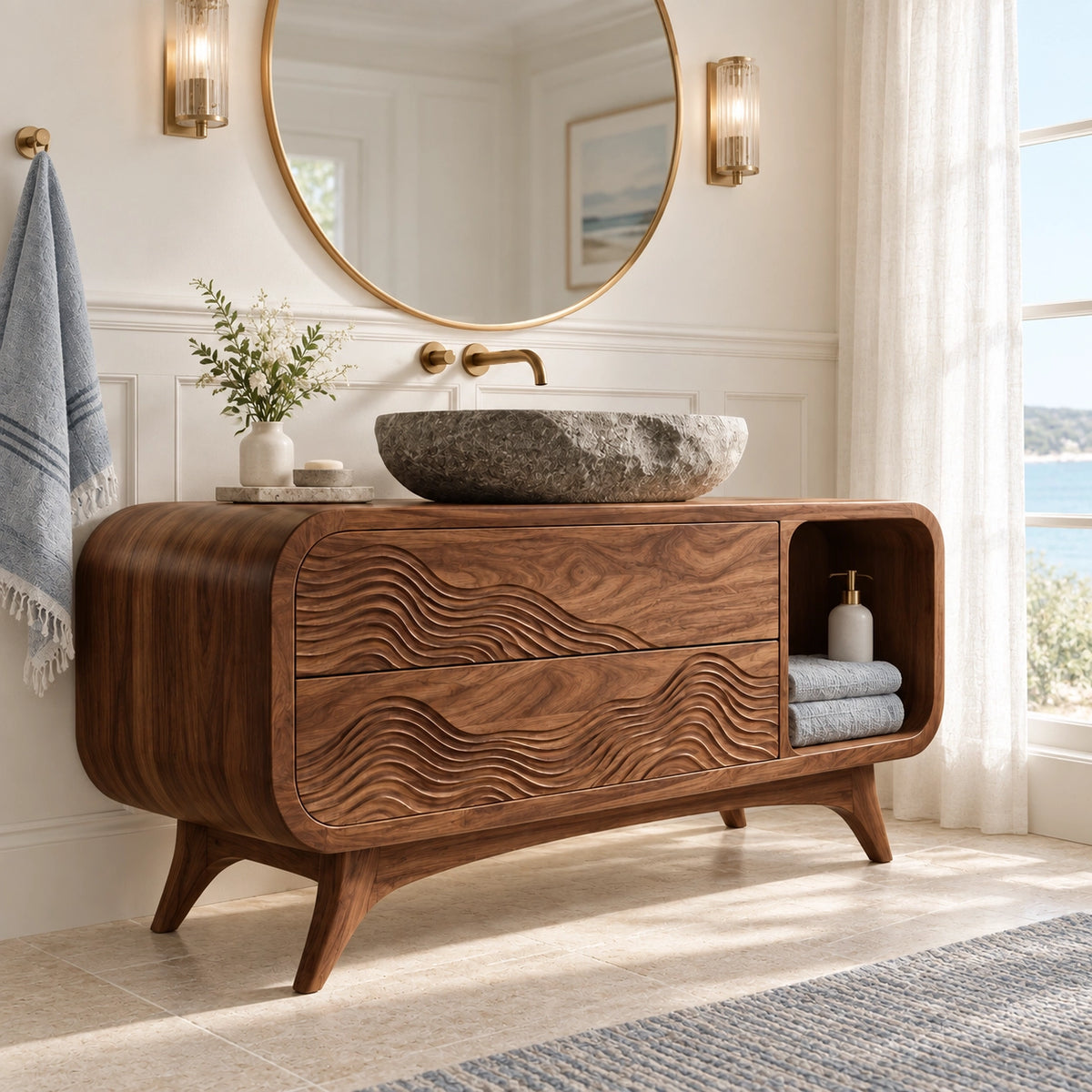 Traditional Bathroom Vanity with Wave-Carved Drawers in Natural Solid Wood - Woodenecho - 1