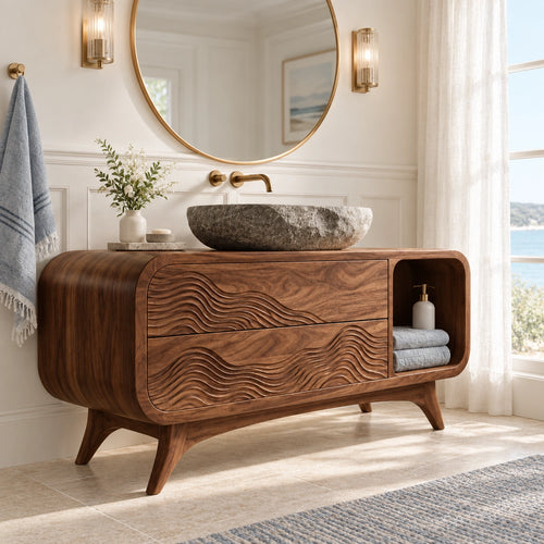 Traditional Bathroom Vanity with Wave-Carved Drawers in Natural Solid Wood - Woodenecho - 1