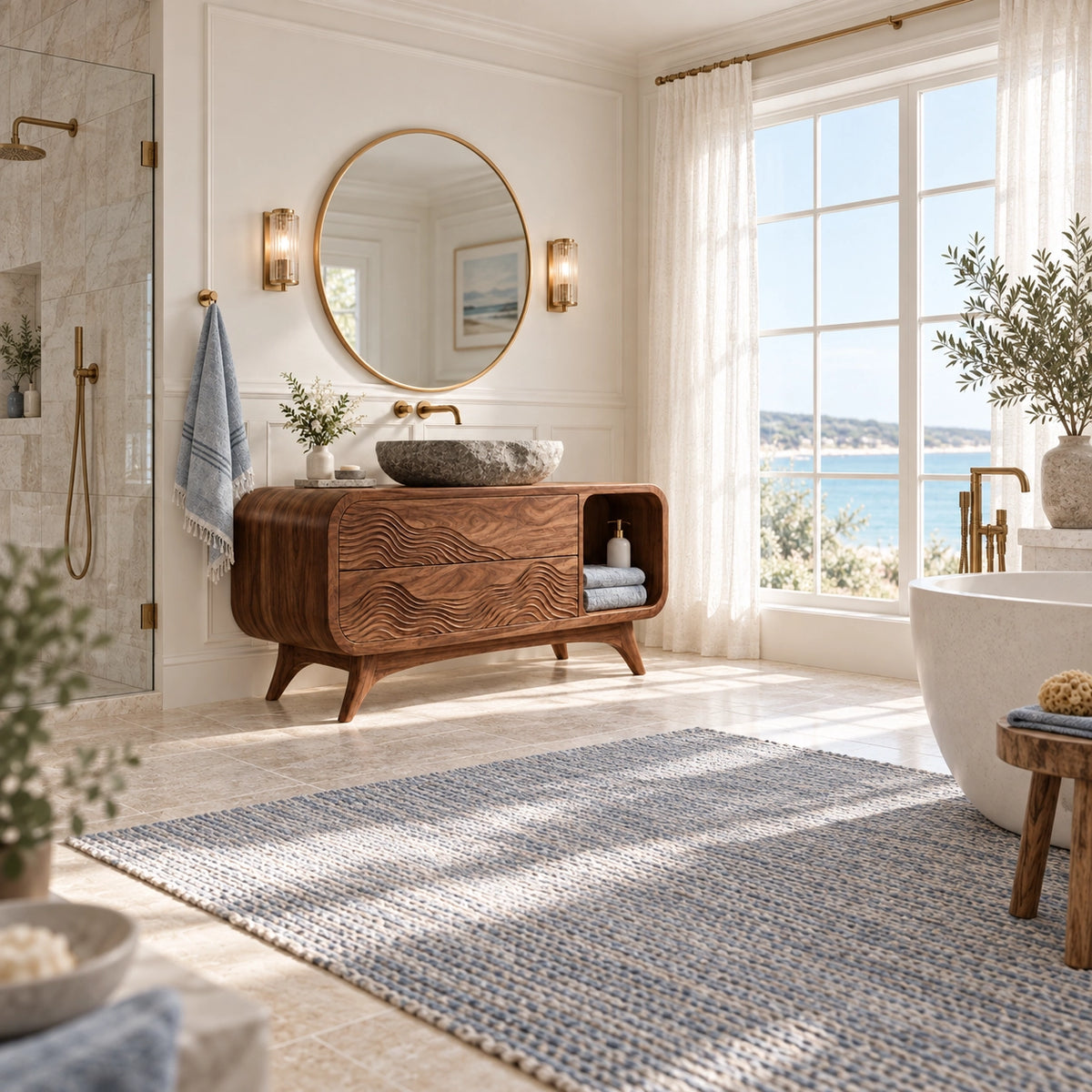 Traditional Bathroom Vanity with Wave-Carved Drawers in Natural Solid Wood - Woodenecho - 2