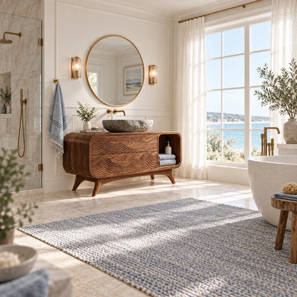 Traditional Bathroom Vanity with Wave-Carved Drawers in Natural Solid Wood - Woodenecho - 2
