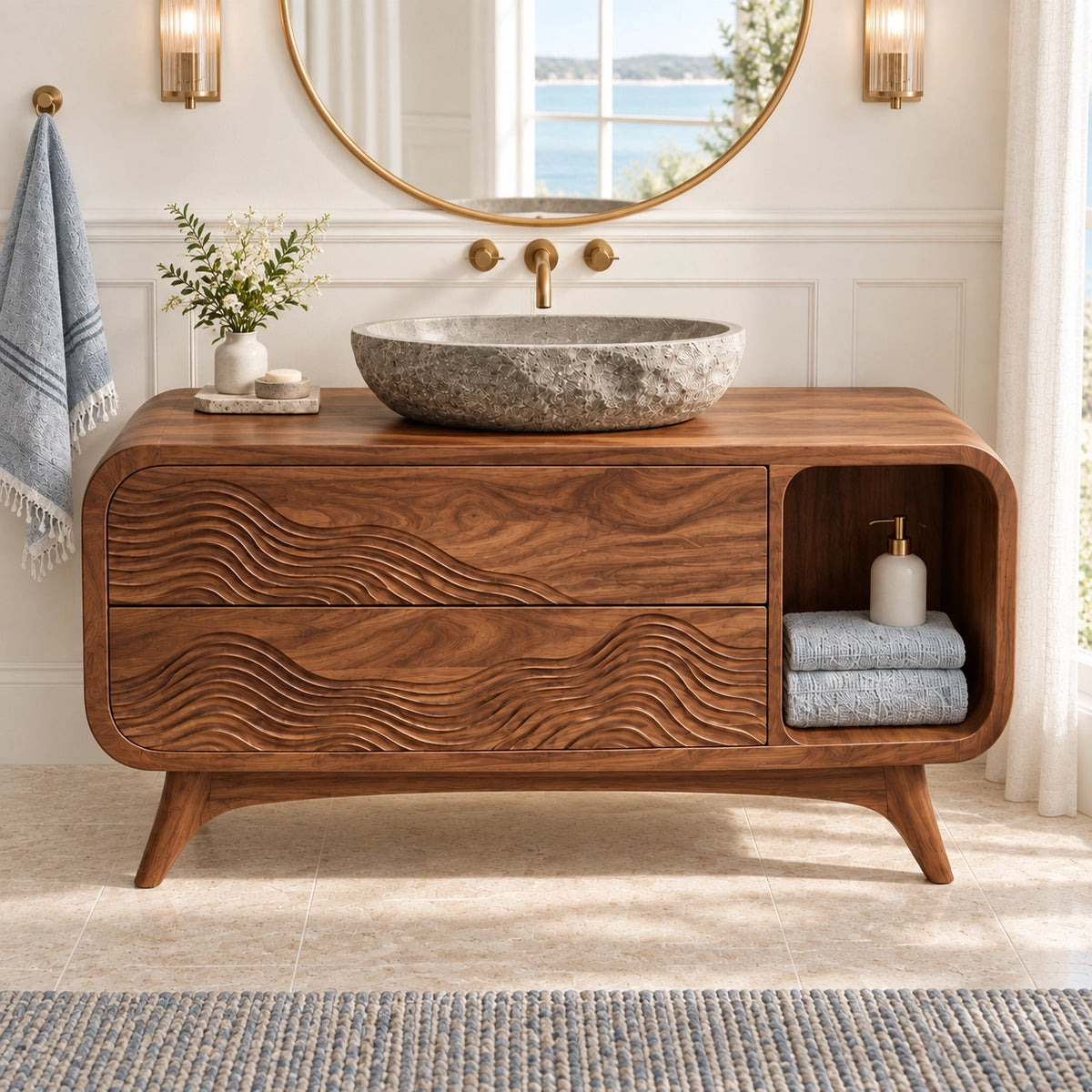 Traditional Bathroom Vanity with Wave-Carved Drawers in Natural Solid Wood - Woodenecho - 3