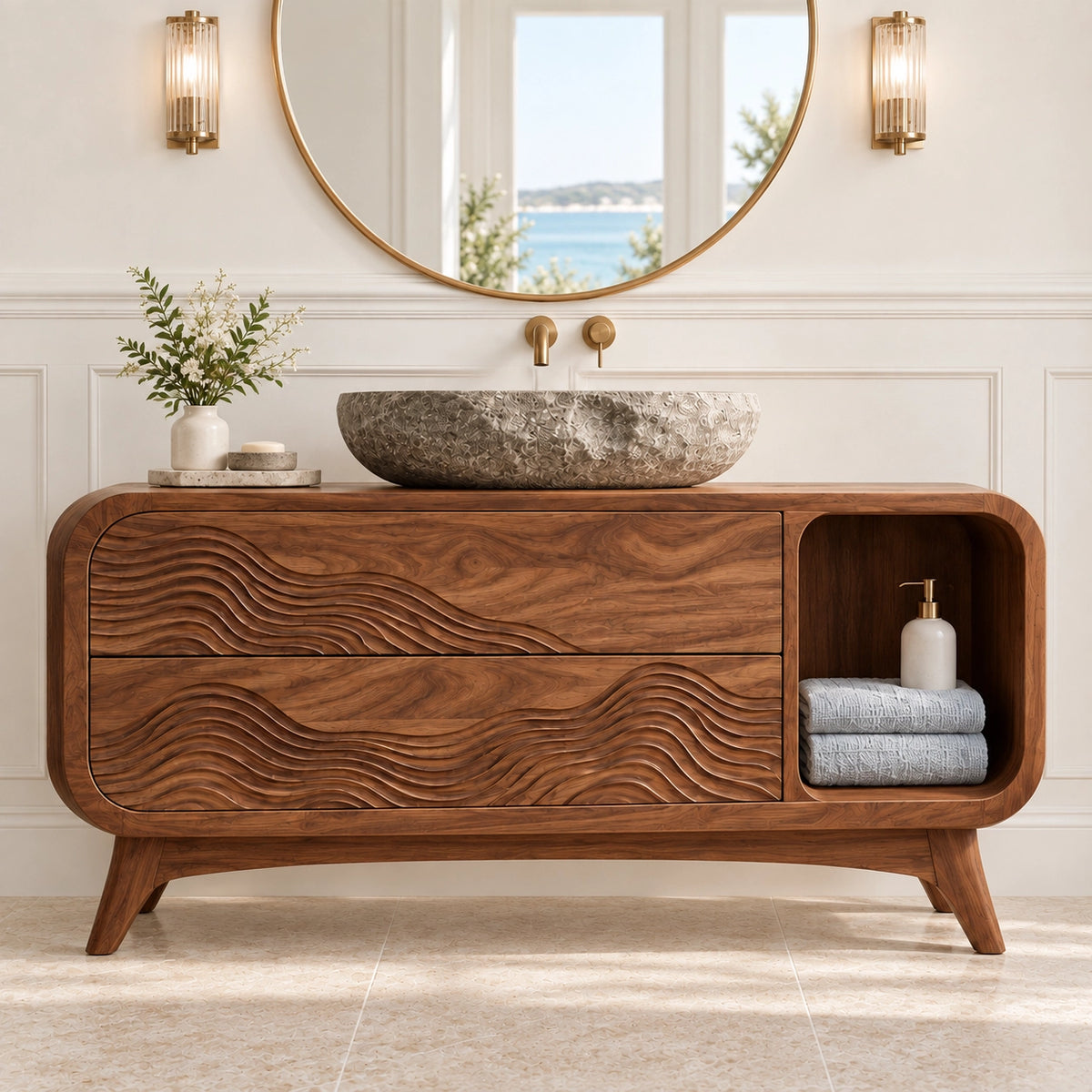 Traditional Bathroom Vanity with Wave-Carved Drawers in Natural Solid Wood - Woodenecho - 4