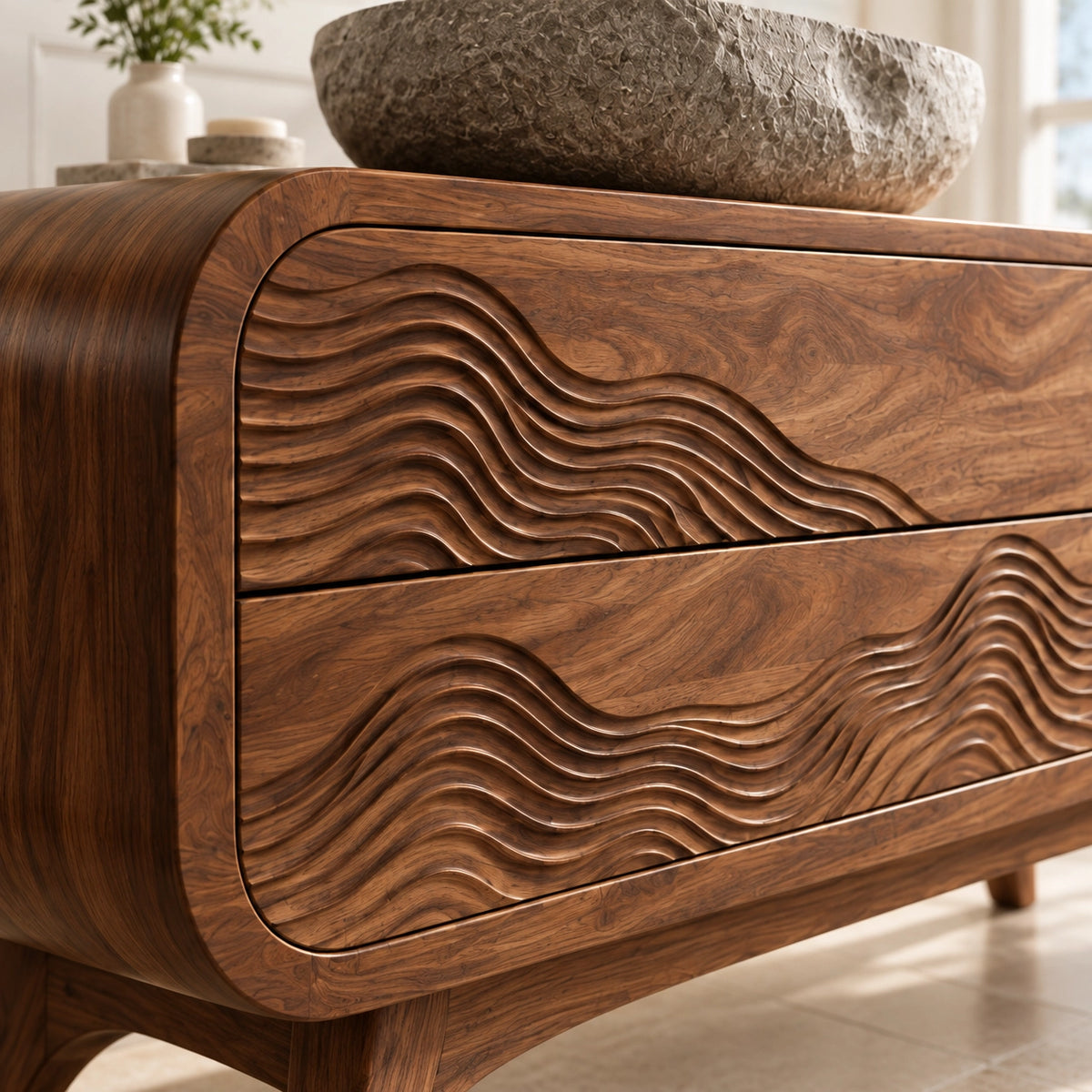 Traditional Bathroom Vanity with Wave-Carved Drawers in Natural Solid Wood - Woodenecho - 5
