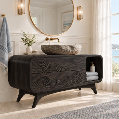 Traditional Bathroom Vanity with Wave-Carved Drawers in Natural Solid Wood - Woodenecho - 7