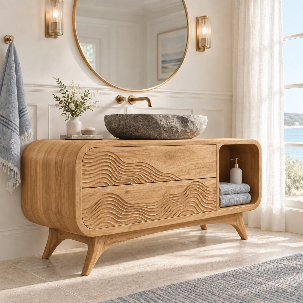 Traditional Bathroom Vanity with Wave-Carved Drawers in Natural Solid Wood - Woodenecho - 8