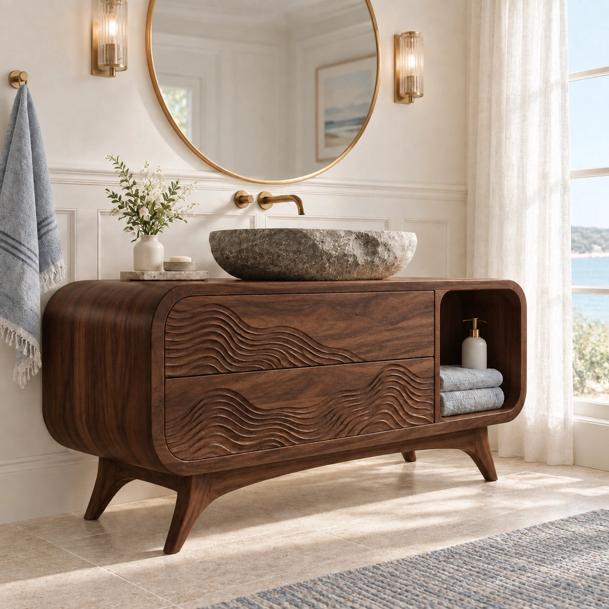 Traditional Bathroom Vanity with Wave-Carved Drawers in Natural Solid Wood - Woodenecho - 9