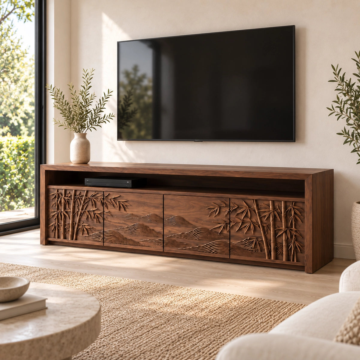 TV Stand with Bamboo-Carved Cabinet Doors in Natural Solid Wood - Woodenecho - 1