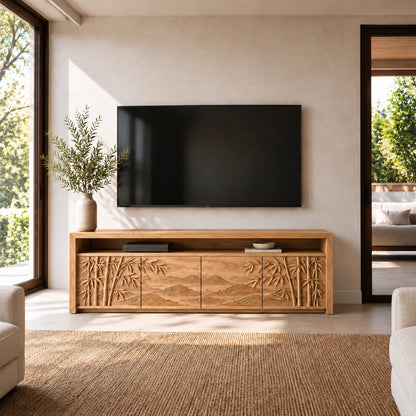 TV Stand with Bamboo-Carved Cabinet Doors in Natural Solid Wood - Woodenecho - 10