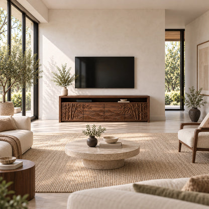 TV Stand with Bamboo-Carved Cabinet Doors in Natural Solid Wood - Woodenecho - 2