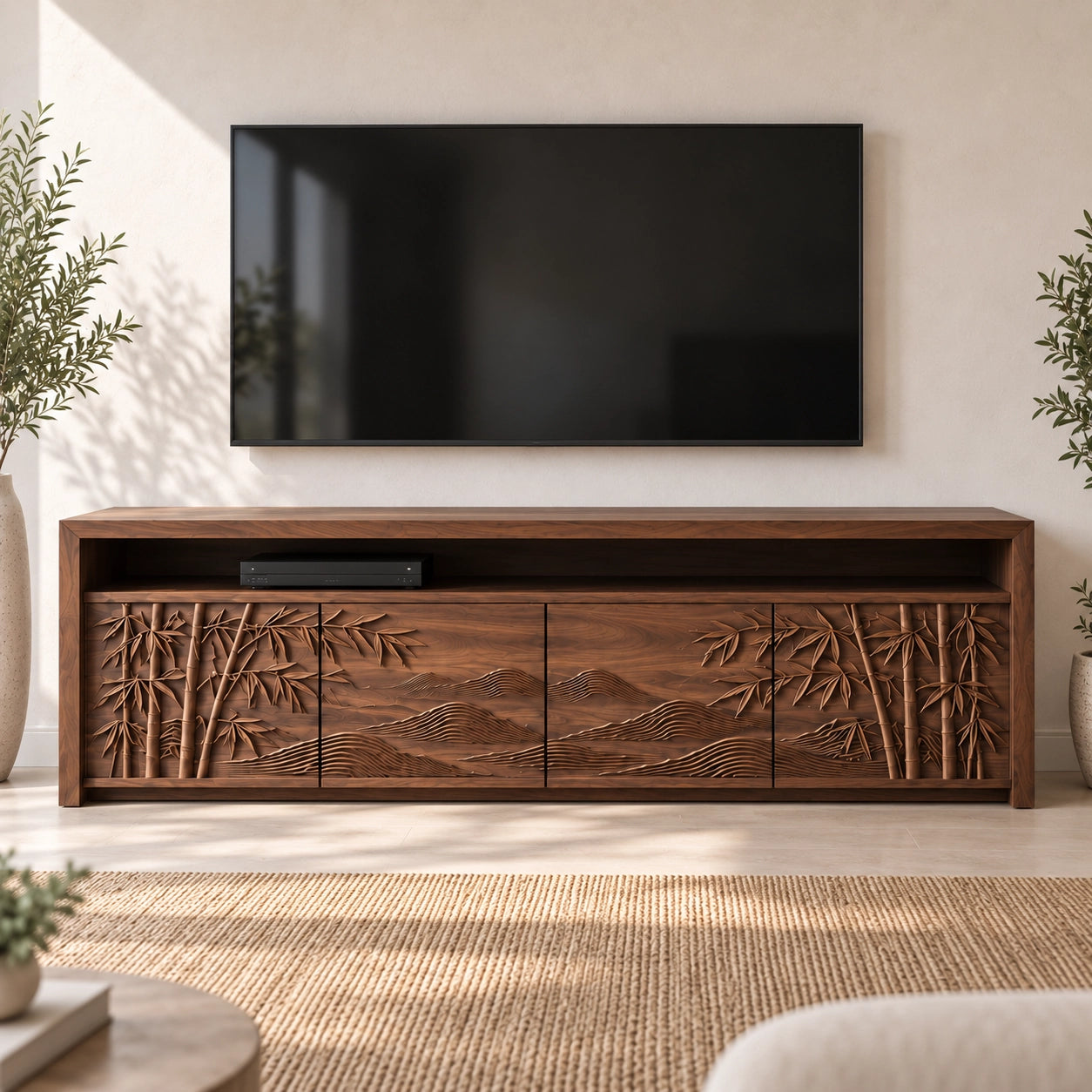 TV Stand with Bamboo-Carved Cabinet Doors in Natural Solid Wood - Woodenecho - 3