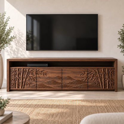 TV Stand with Bamboo-Carved Cabinet Doors in Natural Solid Wood - Woodenecho - 3