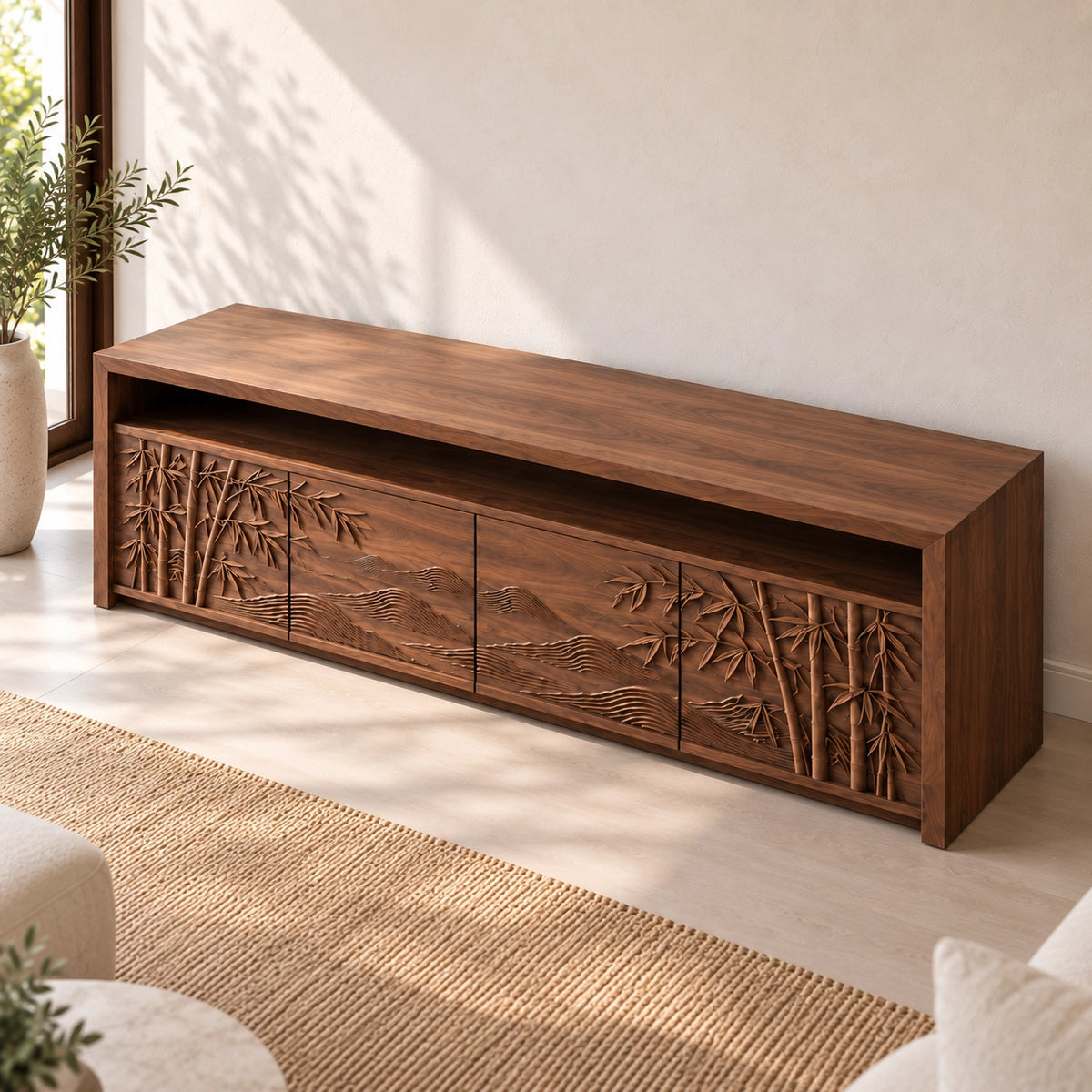 TV Stand with Bamboo-Carved Cabinet Doors in Natural Solid Wood - Woodenecho - 4