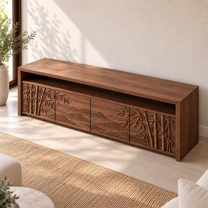 TV Stand with Bamboo-Carved Cabinet Doors in Natural Solid Wood - Woodenecho - 4