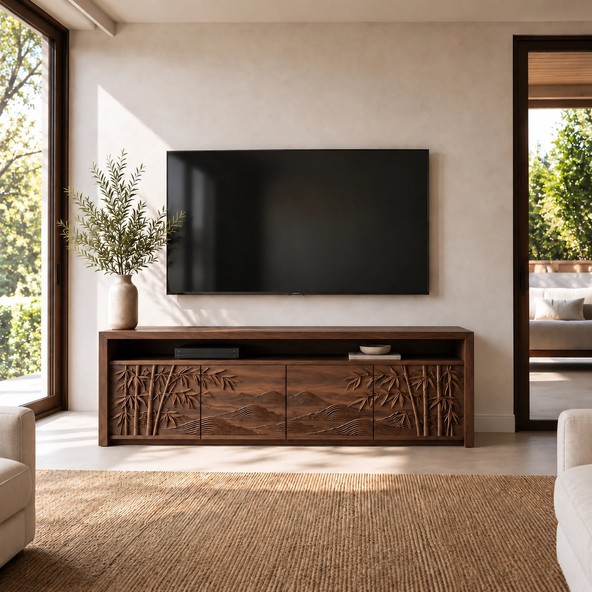 TV Stand with Bamboo-Carved Cabinet Doors in Natural Solid Wood - Woodenecho - 5