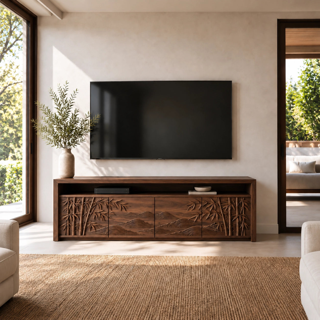 TV Stand with Bamboo-Carved Cabinet Doors in Natural Solid Wood - Woodenecho - 5