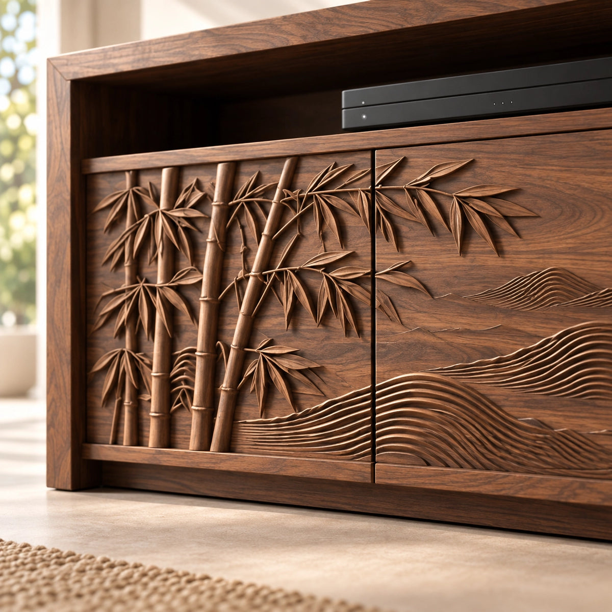 TV Stand with Bamboo-Carved Cabinet Doors in Natural Solid Wood - Woodenecho - 6