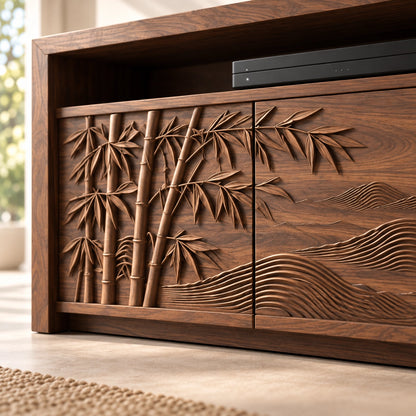 TV Stand with Bamboo-Carved Cabinet Doors in Natural Solid Wood - Woodenecho - 6