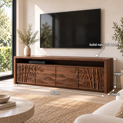 TV Stand with Bamboo-Carved Cabinet Doors in Natural Solid Wood - Woodenecho - 7