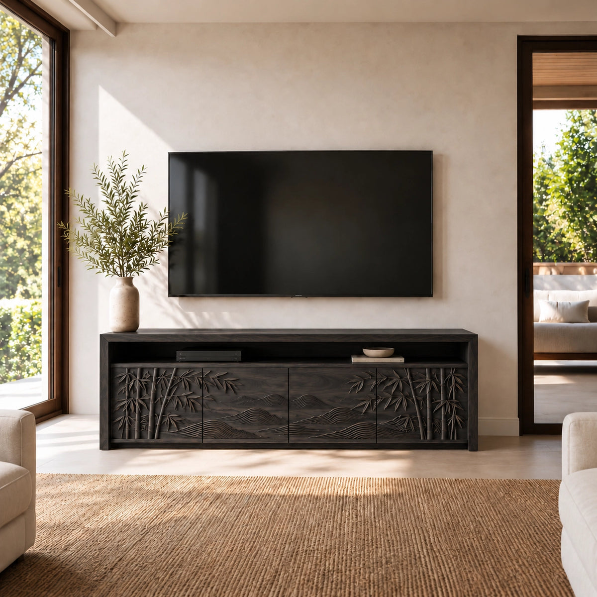 TV Stand with Bamboo-Carved Cabinet Doors in Natural Solid Wood - Woodenecho - 8