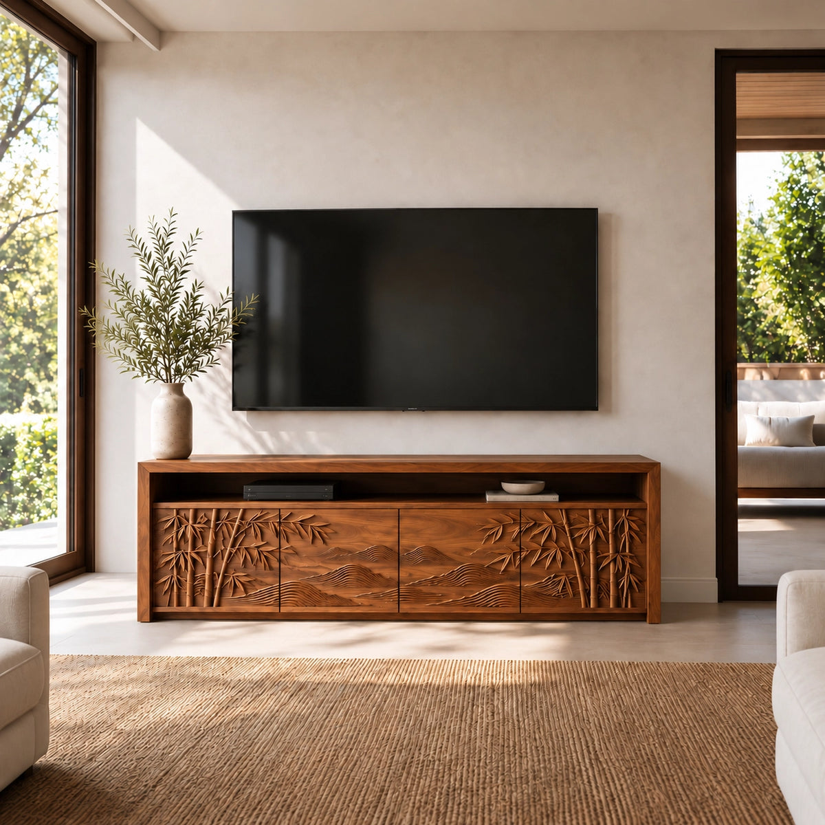 TV Stand with Bamboo-Carved Cabinet Doors in Natural Solid Wood - Woodenecho - 9
