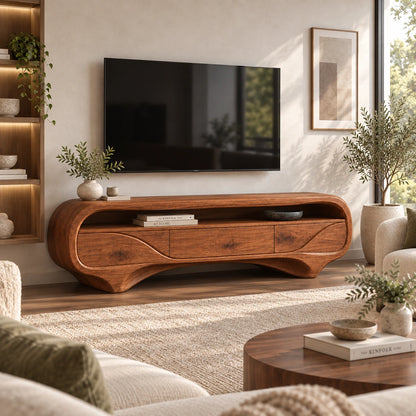 TV Stand with Biomorphic Curved Form and Three Drawers in Natural Solid Wood - Woodenecho - 1