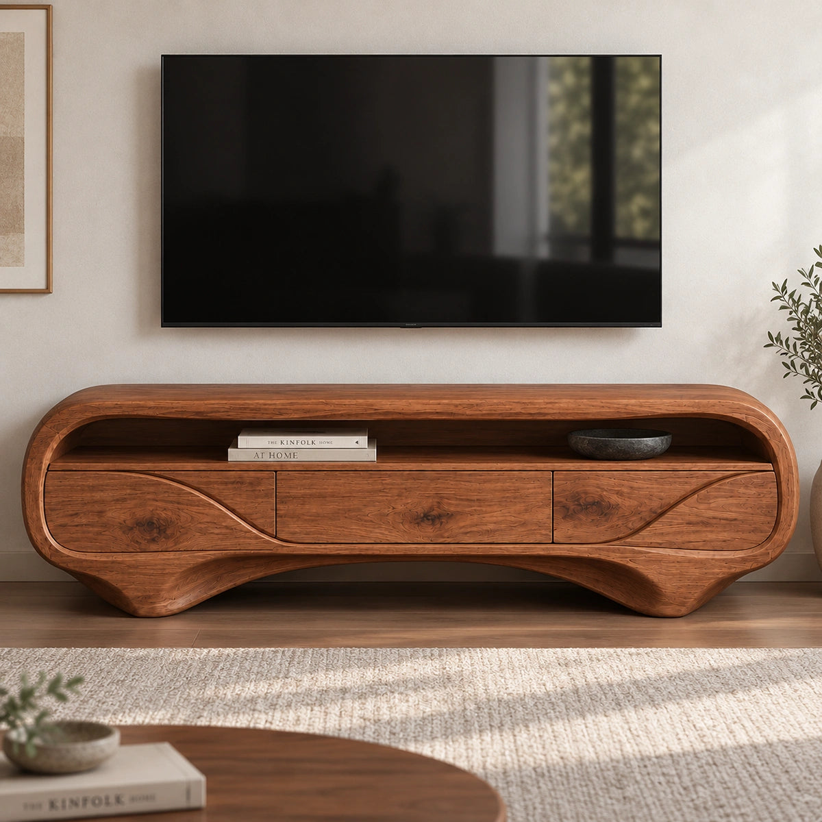 TV Stand with Biomorphic Curved Form and Three Drawers in Natural Solid Wood - Woodenecho - 2