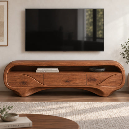 TV Stand with Biomorphic Curved Form and Three Drawers in Natural Solid Wood - Woodenecho - 2