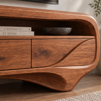 TV Stand with Biomorphic Curved Form and Three Drawers in Natural Solid Wood - Woodenecho - 3
