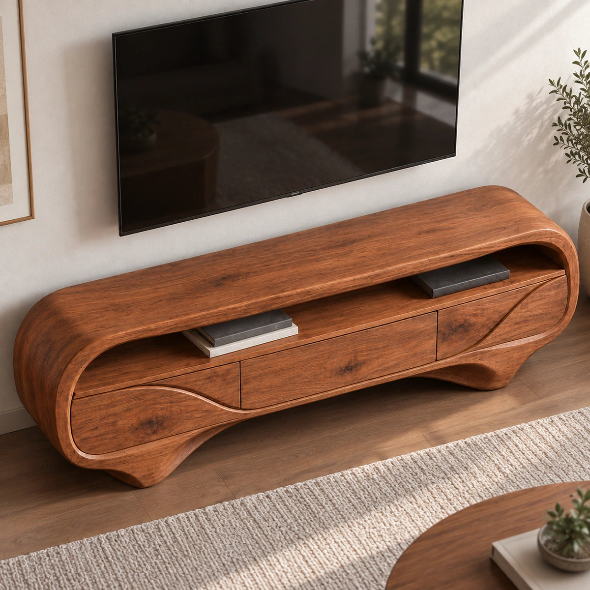 TV Stand with Biomorphic Curved Form and Three Drawers in Natural Solid Wood - Woodenecho - 4