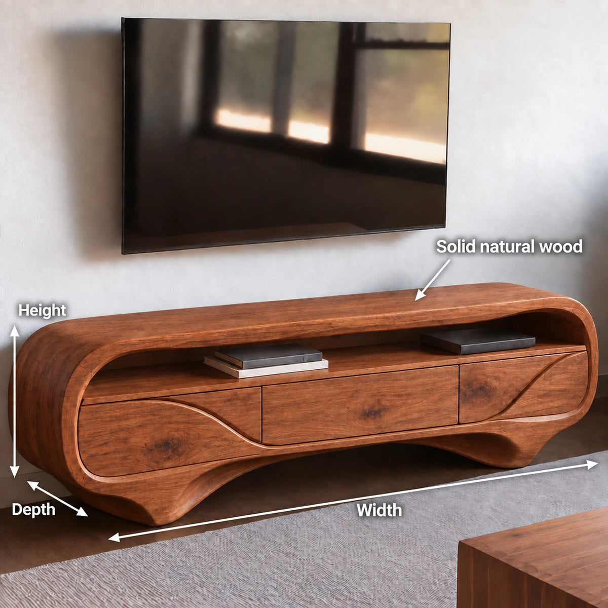 TV Stand with Biomorphic Curved Form and Three Drawers in Natural Solid Wood - Woodenecho - 5