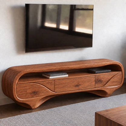 TV Stand with Biomorphic Curved Form and Three Drawers in Natural Solid Wood - Woodenecho - 6