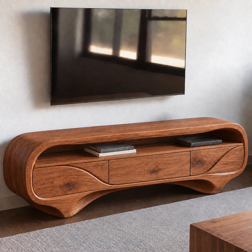 TV Stand with Biomorphic Curved Form and Three Drawers in Natural Solid Wood - Woodenecho - 6