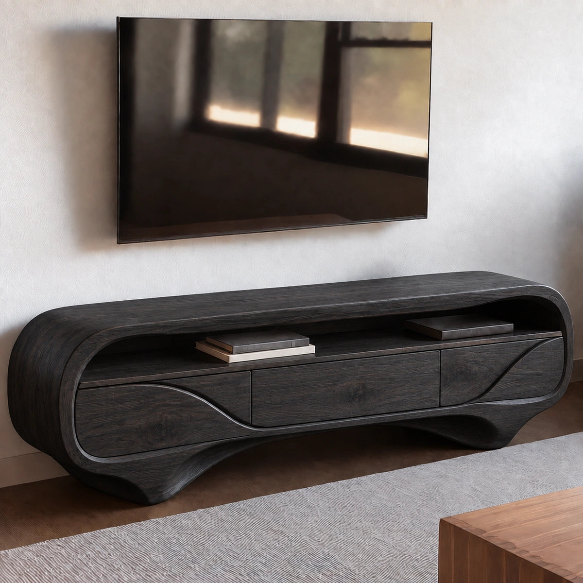 TV Stand with Biomorphic Curved Form and Three Drawers in Natural Solid Wood - Woodenecho - 7
