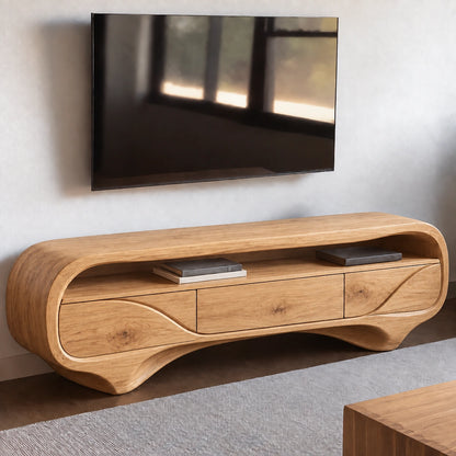 TV Stand with Biomorphic Curved Form and Three Drawers in Natural Solid Wood - Woodenecho - 8
