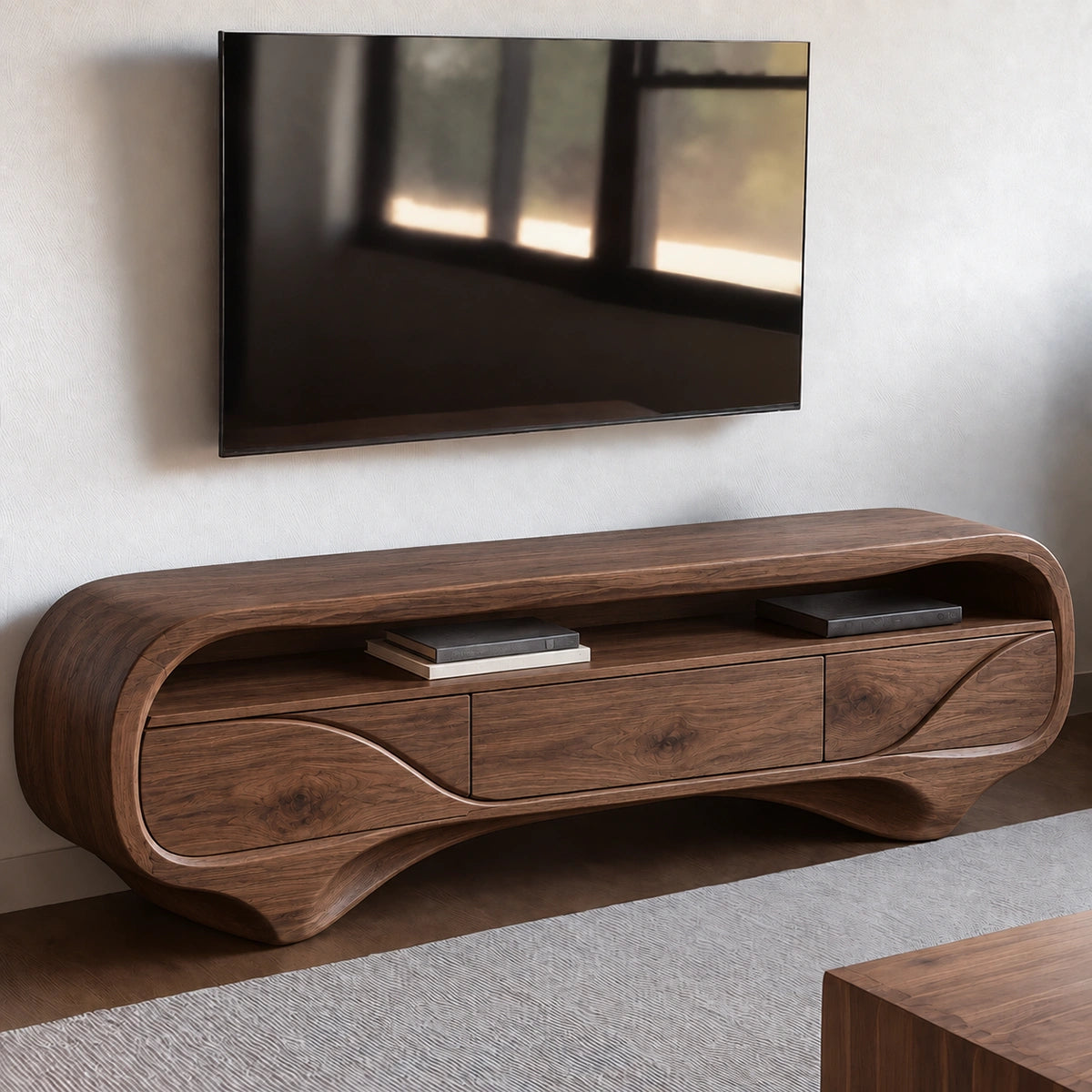 TV Stand with Biomorphic Curved Form and Three Drawers in Natural Solid Wood - Woodenecho - 9