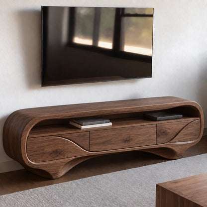 TV Stand with Biomorphic Curved Form and Three Drawers in Natural Solid Wood - Woodenecho - 9