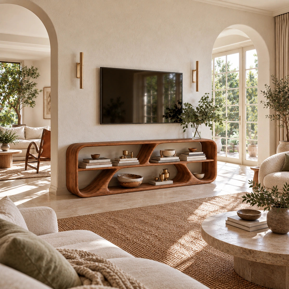 TV Stand with Biomorphic Open Nooks in Natural Solid Wood for Living - Woodenecho - 1