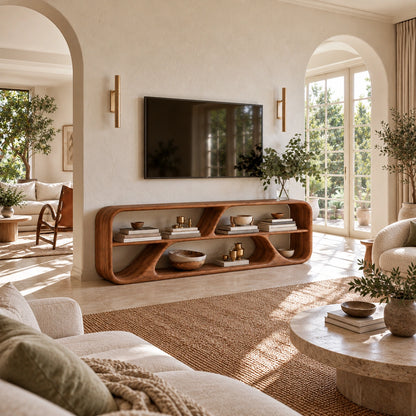 TV Stand with Biomorphic Open Nooks in Natural Solid Wood for Living - Woodenecho - 1