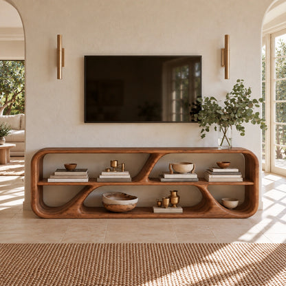 TV Stand with Biomorphic Open Nooks in Natural Solid Wood for Living - Woodenecho - 2