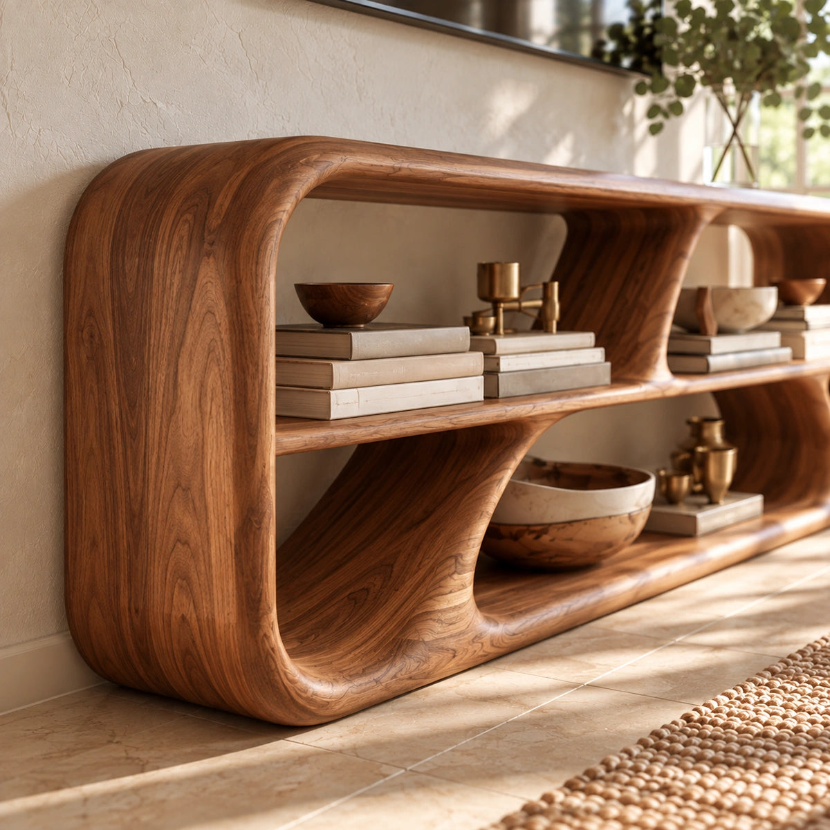 TV Stand with Biomorphic Open Nooks in Natural Solid Wood for Living - Woodenecho - 3