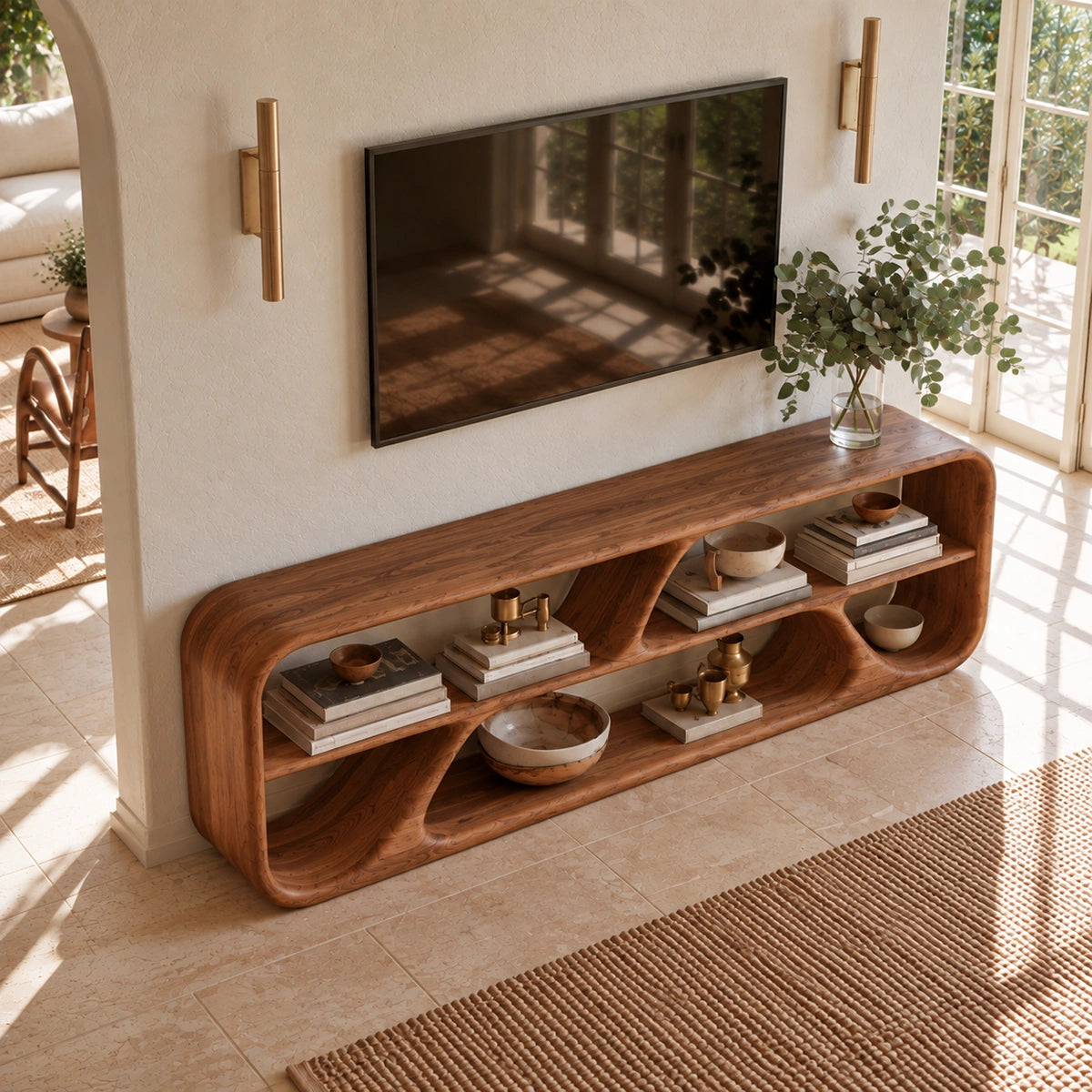 TV Stand with Biomorphic Open Nooks in Natural Solid Wood for Living - Woodenecho - 4