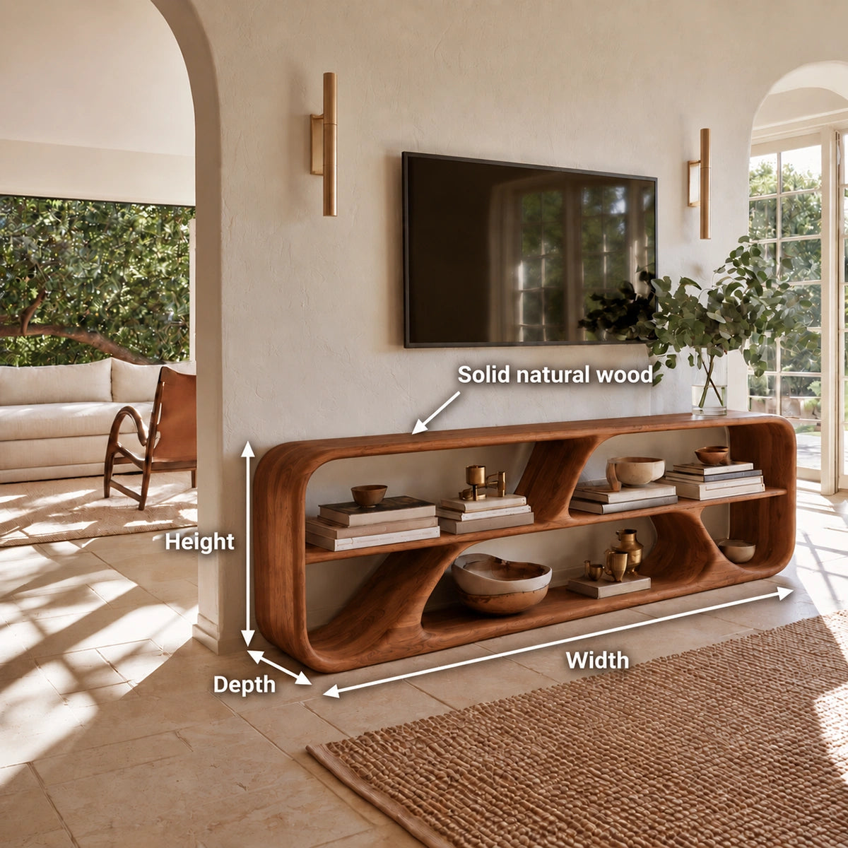 TV Stand with Biomorphic Open Nooks in Natural Solid Wood for Living - Woodenecho - 5