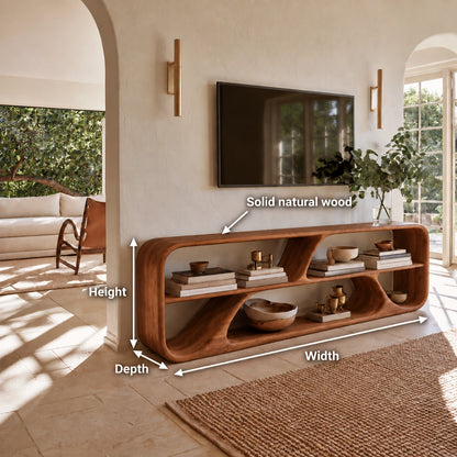 TV Stand with Biomorphic Open Nooks in Natural Solid Wood for Living - Woodenecho - 5