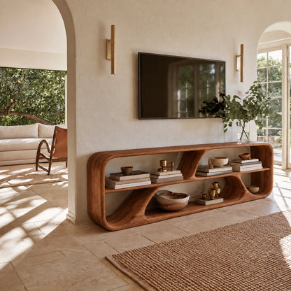 TV Stand with Biomorphic Open Nooks in Natural Solid Wood for Living - Woodenecho - 6