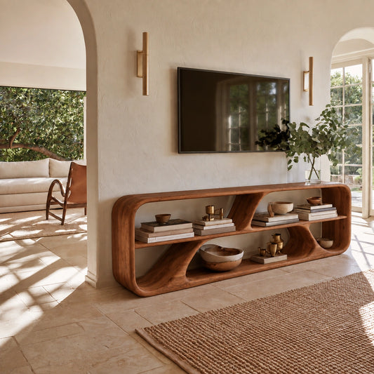 TV Stand with Biomorphic Open Nooks in Natural Solid Wood for Living - Woodenecho - 6