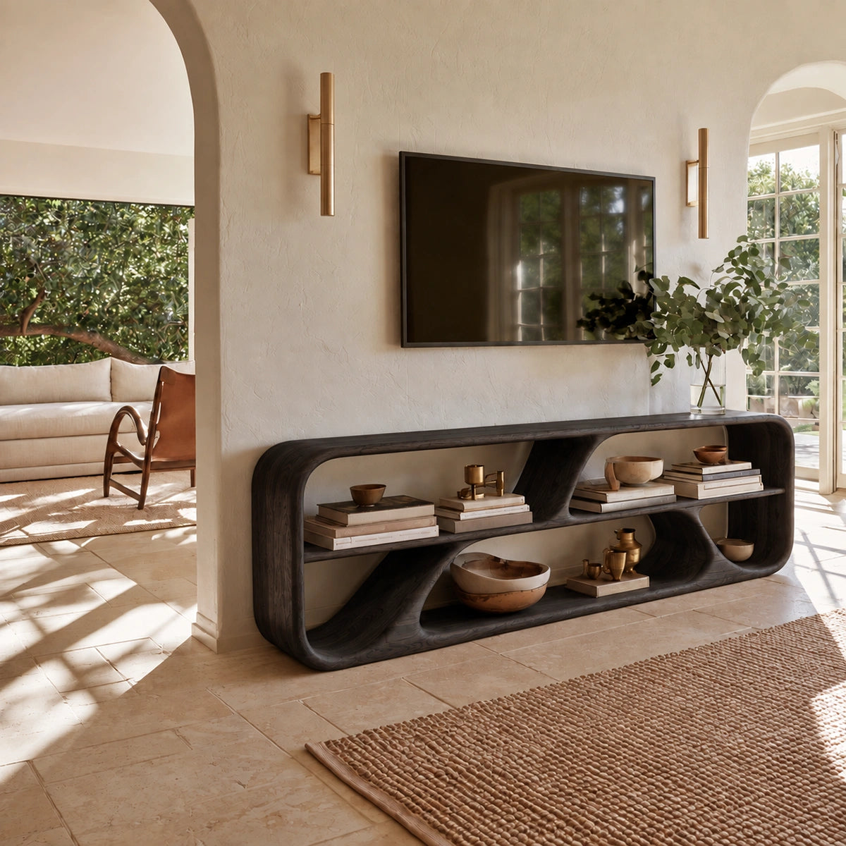 TV Stand with Biomorphic Open Nooks in Natural Solid Wood for Living - Woodenecho - 7