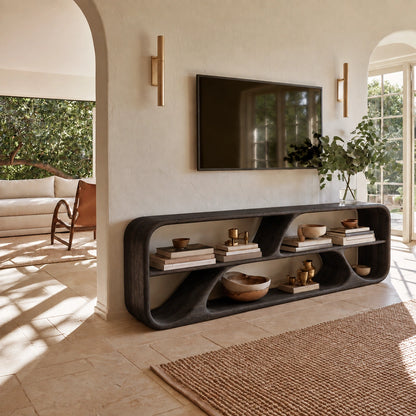 TV Stand with Biomorphic Open Nooks in Natural Solid Wood for Living - Woodenecho - 7