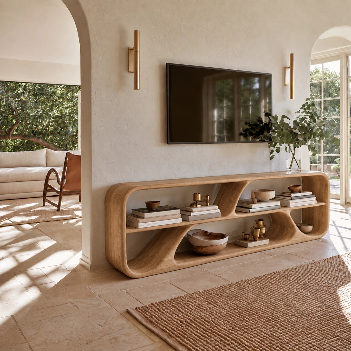 TV Stand with Biomorphic Open Nooks in Natural Solid Wood for Living - Woodenecho - 8