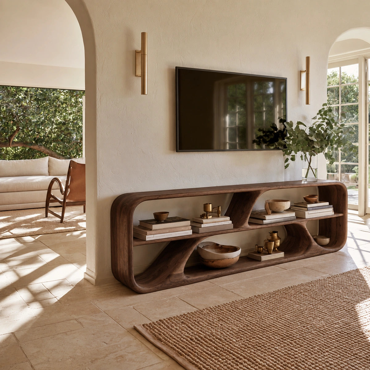 TV Stand with Biomorphic Open Nooks in Natural Solid Wood for Living - Woodenecho - 9