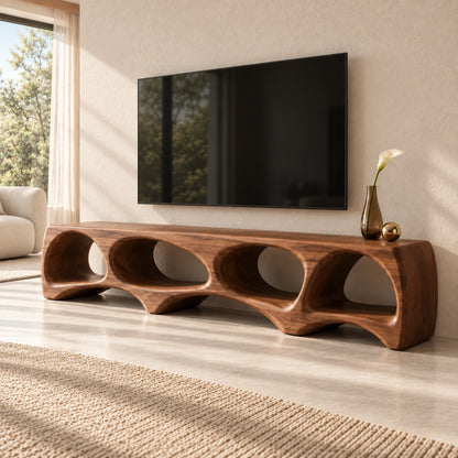 TV Stand with Biomorphic Oval Openings in Natural Solid Wood for Living - Woodenecho - 1